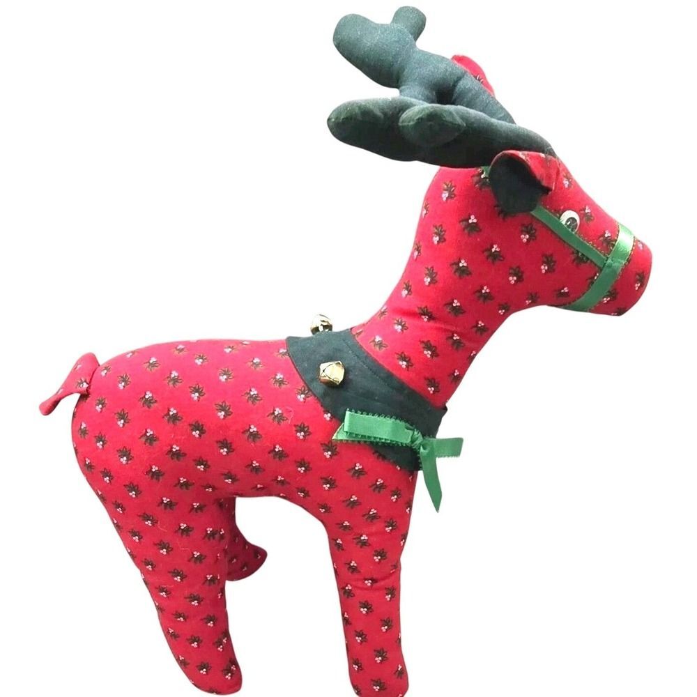 Vintage 1990s Handmade Calico Reindeer 18" Red Floral Christmas Jingle Bells